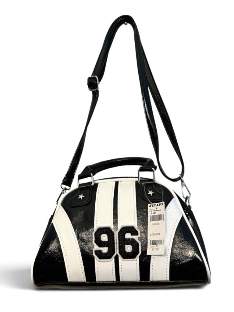 Black & White Striped Retro Bowling Bag Crossbody Purse 96 Applique Nwt